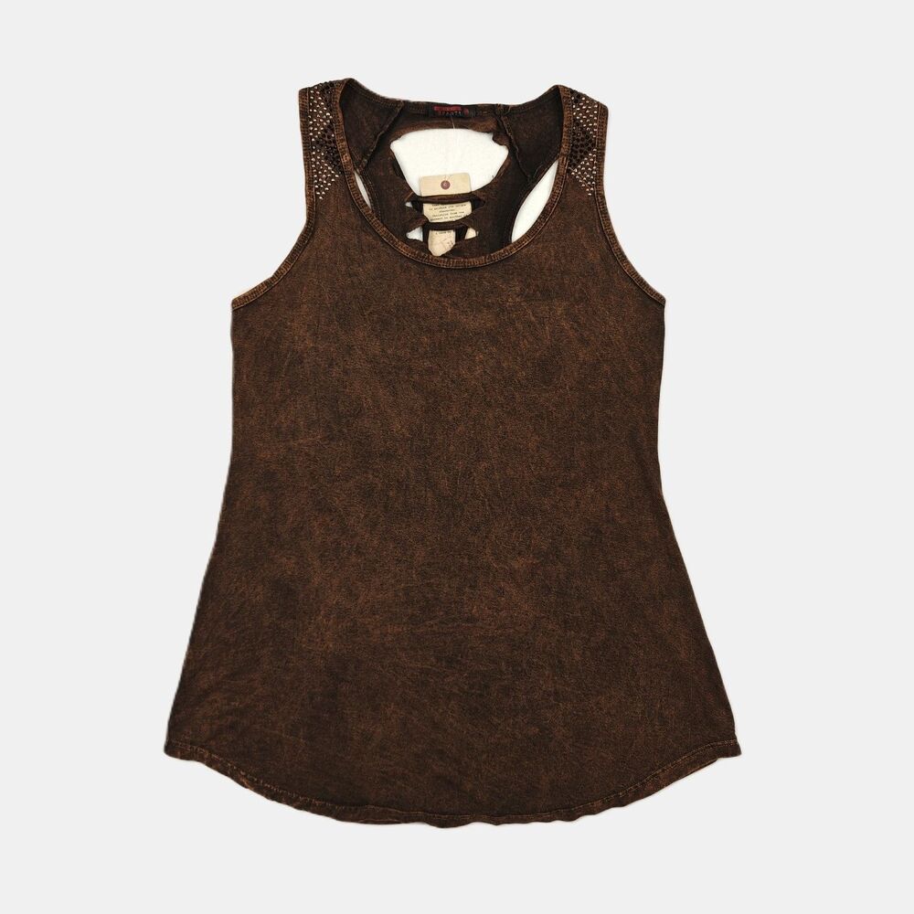 T-Party Bejeweled Shoulder Braided Back Brown Tank Top Size L Y2K Fairy Grunge